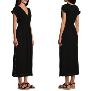 Westbound Black Faux Wrap Surplice Neckline Button Slit Smocked Waist Maxi Dress